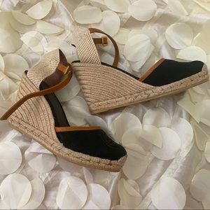 Tory Burch black logo cap toe espadrille wedge heel in SIZE 9